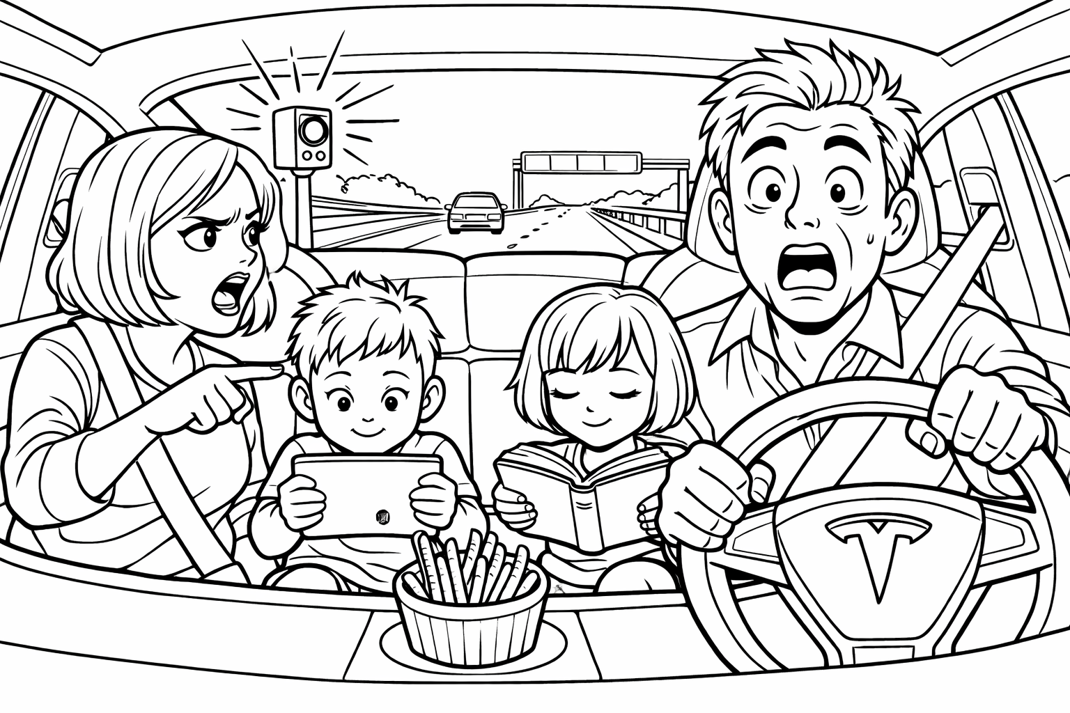 A family sitting in a Tesla. The boy is currently looking at a tablet, the girl with short hair is reading a book. The driver is startled because he was just flashed. The passenger is complaining about him. They are driving on a highway. It's not very busy. The boy and the girl have pretzel sticks lying in the middle that they are munching on.