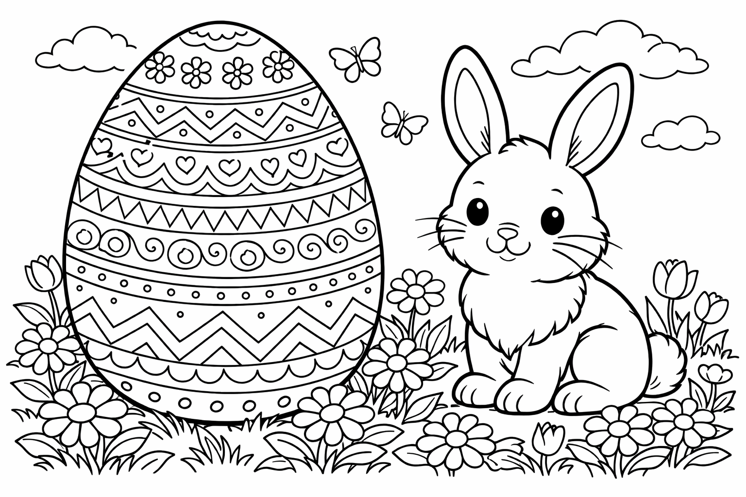 An Easter egg with many patterns. Next to it sits an Easter bunny. He sits on a meadow and there are many flowers on the meadow.