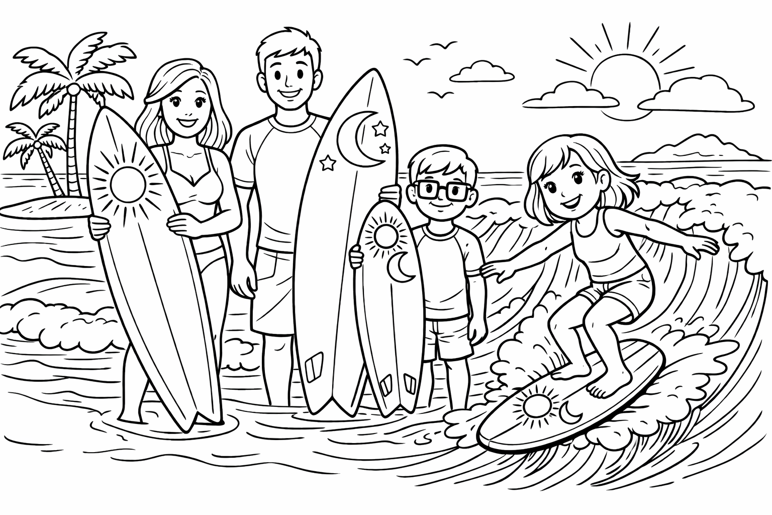 A family (mom with long hair, dad, brother with square glasses, sister with hair that goes to the shoulder) going surfing. The mom's board has a sun on it. The dad's board has a moon on it and the brother and sister's boards both have a sun and a moon on it. The sister is currently on a wave