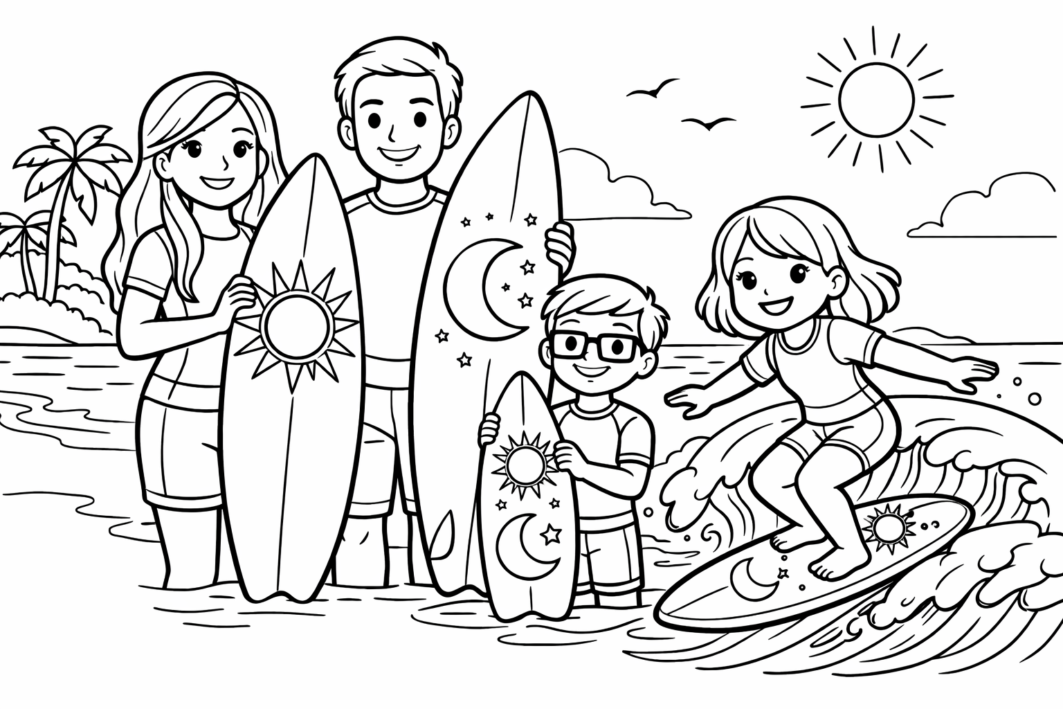 A family (mom with long hair, dad, brother with square glasses, sister with hair that goes to the shoulder) going surfing. The mom's board has a sun on it. The dad's board has a moon on it and the brother and sister's boards both have a sun and a moon on it. The sister is currently on a wave