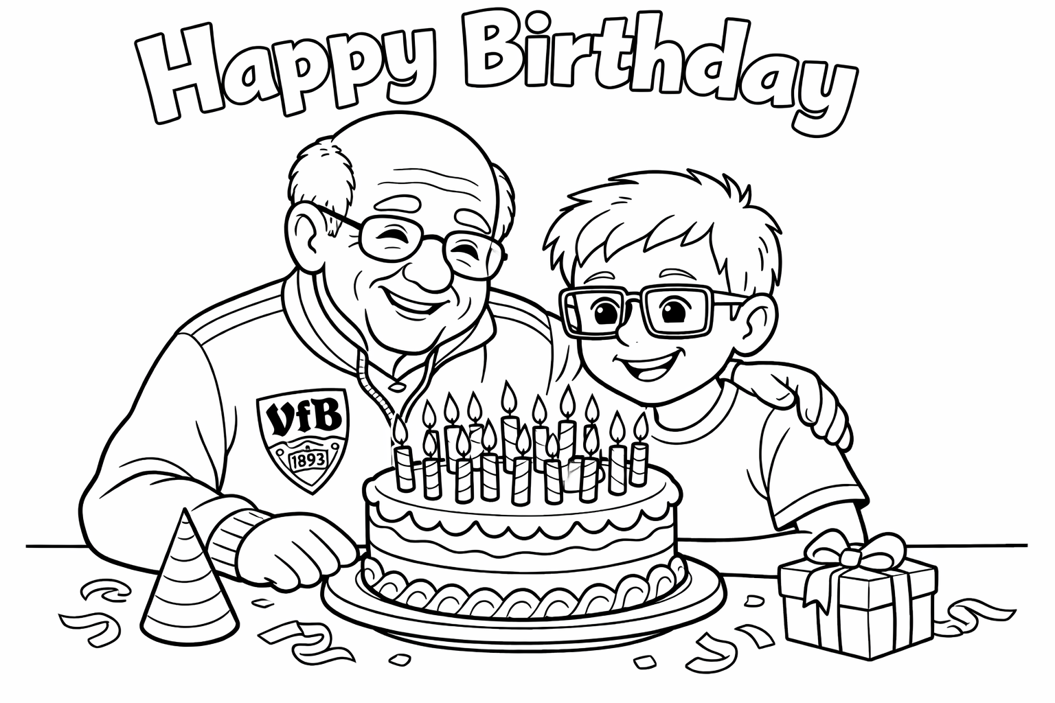 A grandpa with a young boy with square glasses. Both are sitting at a table and there is a cake on the table. There are many candles on the cake. Happy Birthday is written at the top of the picture. The grandpa is wearing a VFB Stuttgart jacket.