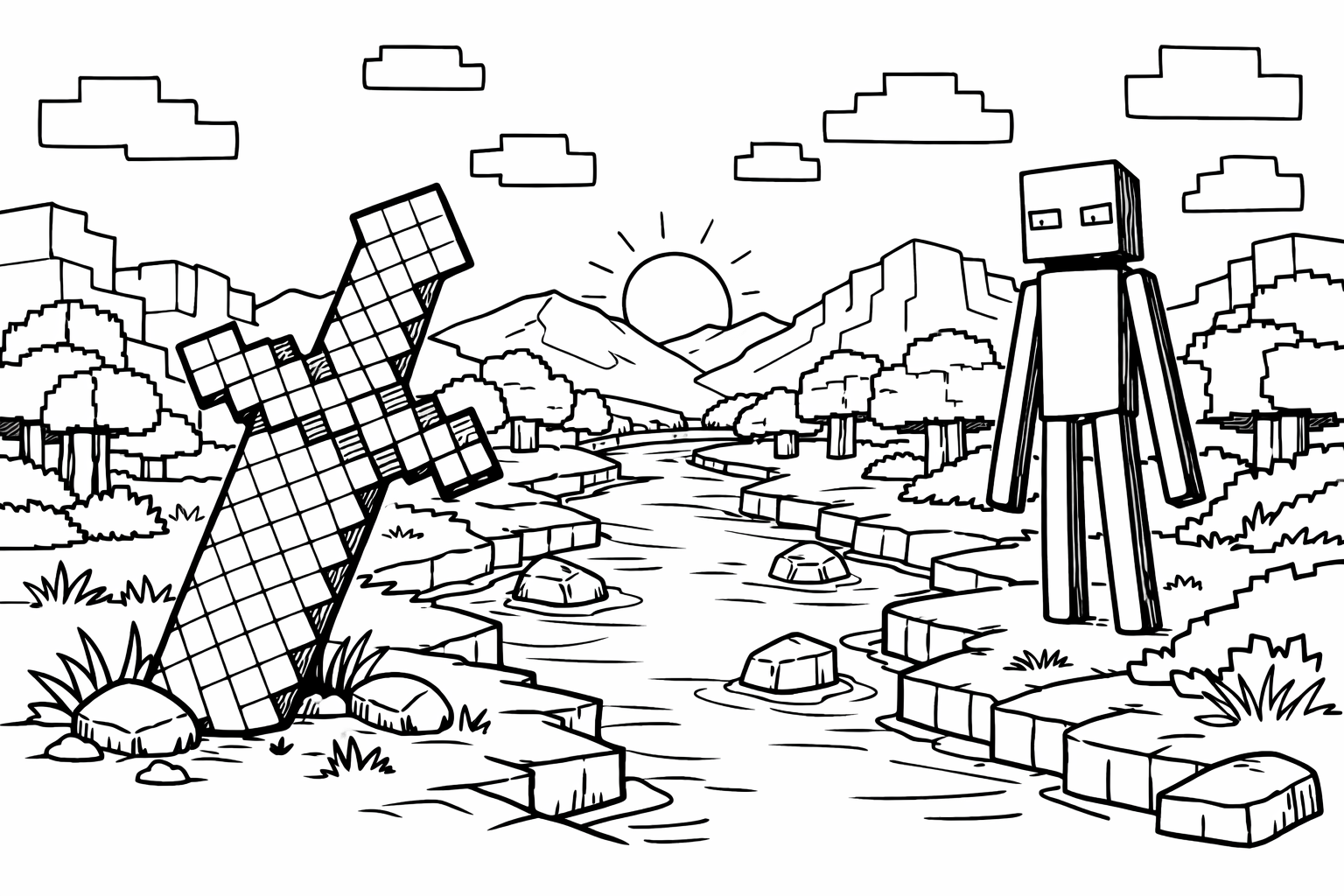 A minecraft sword and next to it a river with a landscape around it and an Enderman.