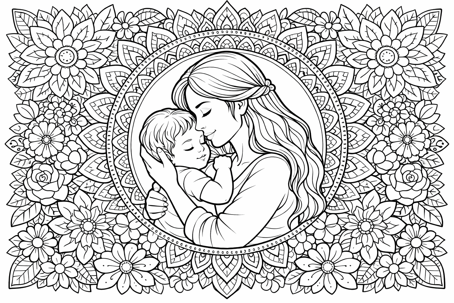A detailed portrait of a mother holding her child surrounded by a floral mandala border, mother portrait