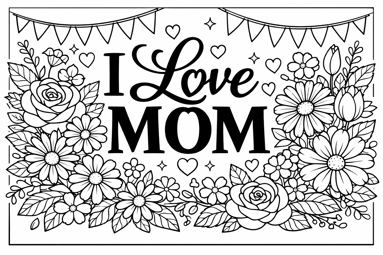 A mothers day banner with "I Love Mom" text and floral decorations