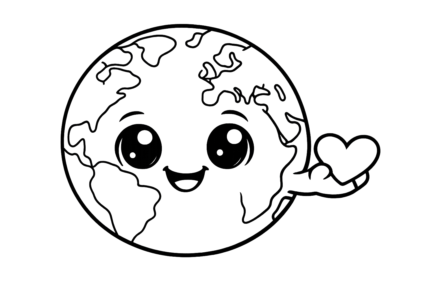 A big smiling Earth with cute eyes and a small heart in its hand, thick simple outlines, no background