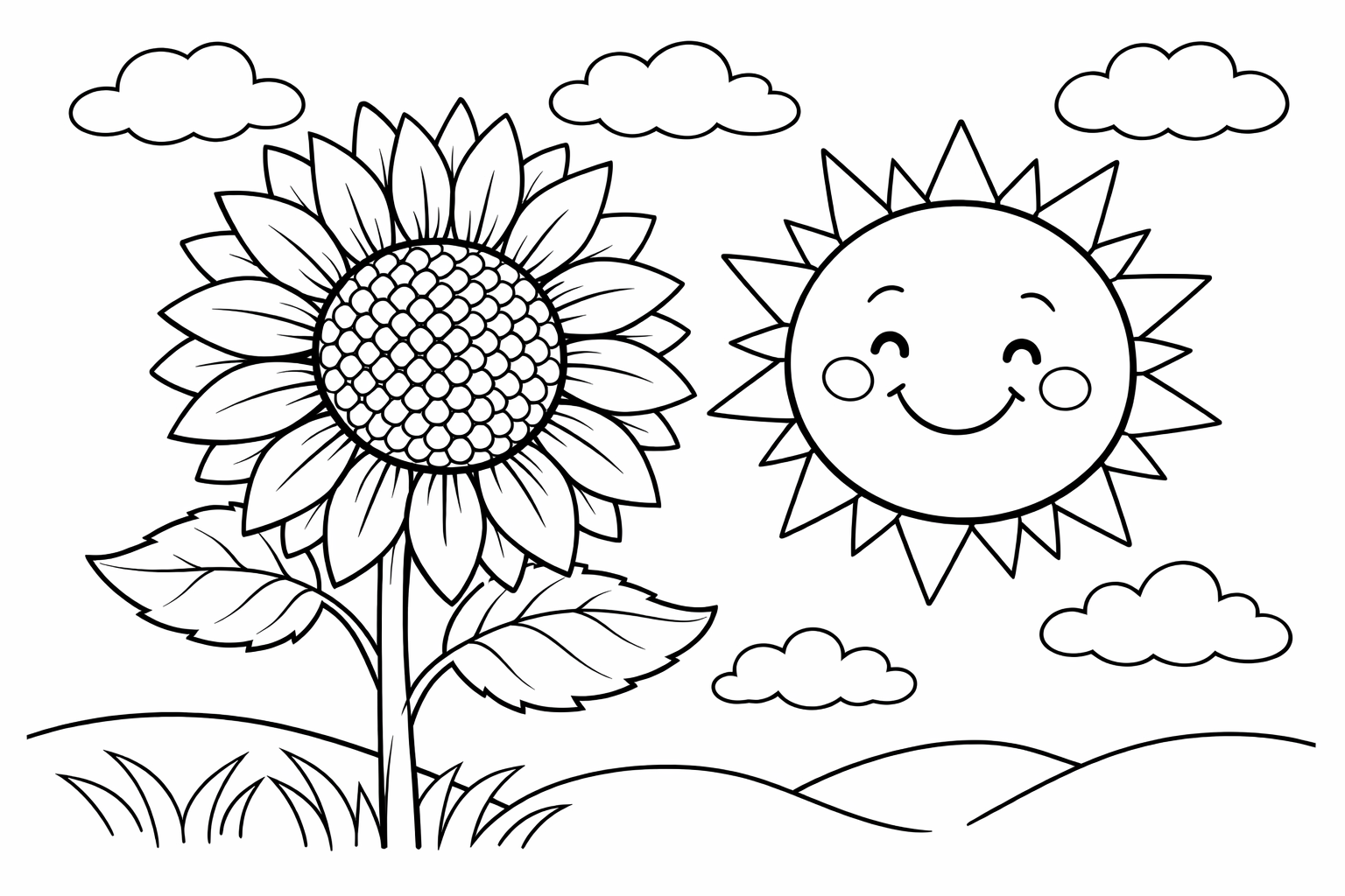 One large sunflower with a smiling sun next to it, simple shapes, lots of white space