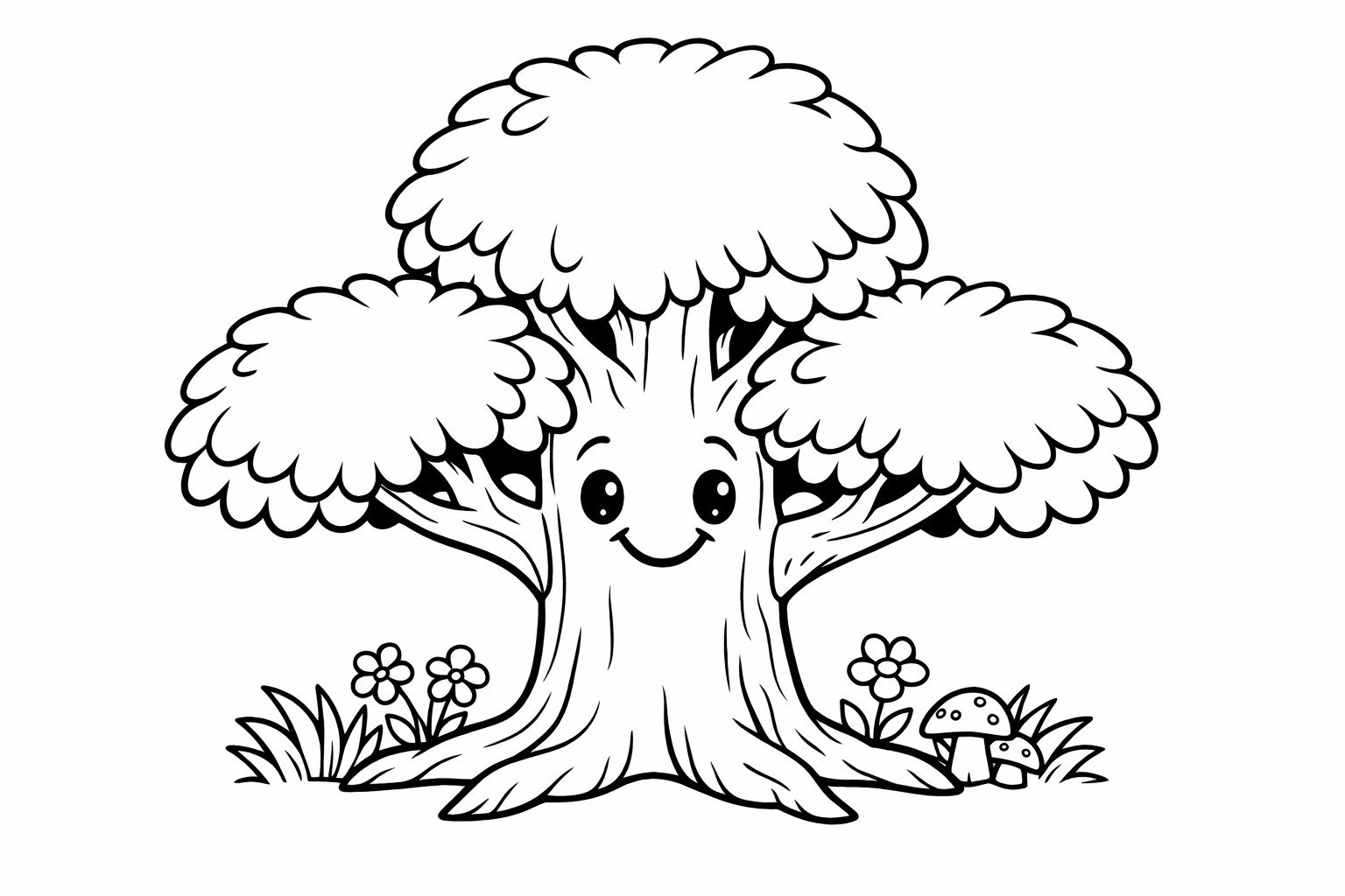 A single friendly tree with three big round leaves and a smiling face on the trunk