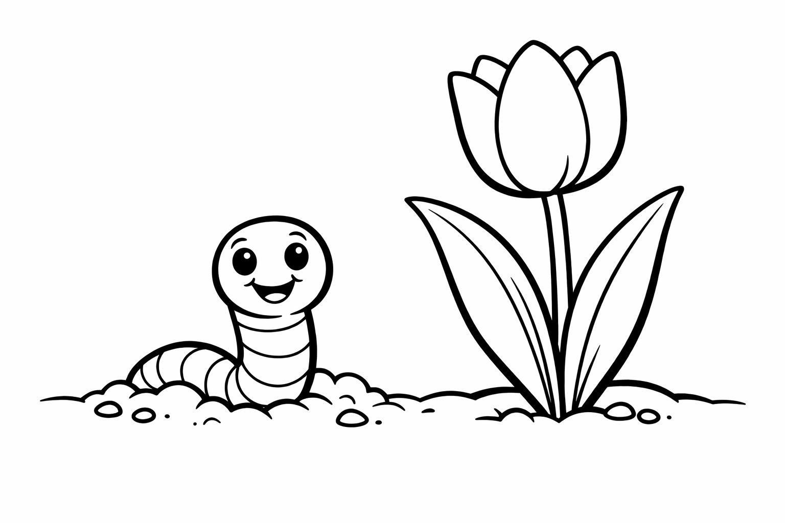 A happy little worm poking out of the ground next to one tulip, very simple