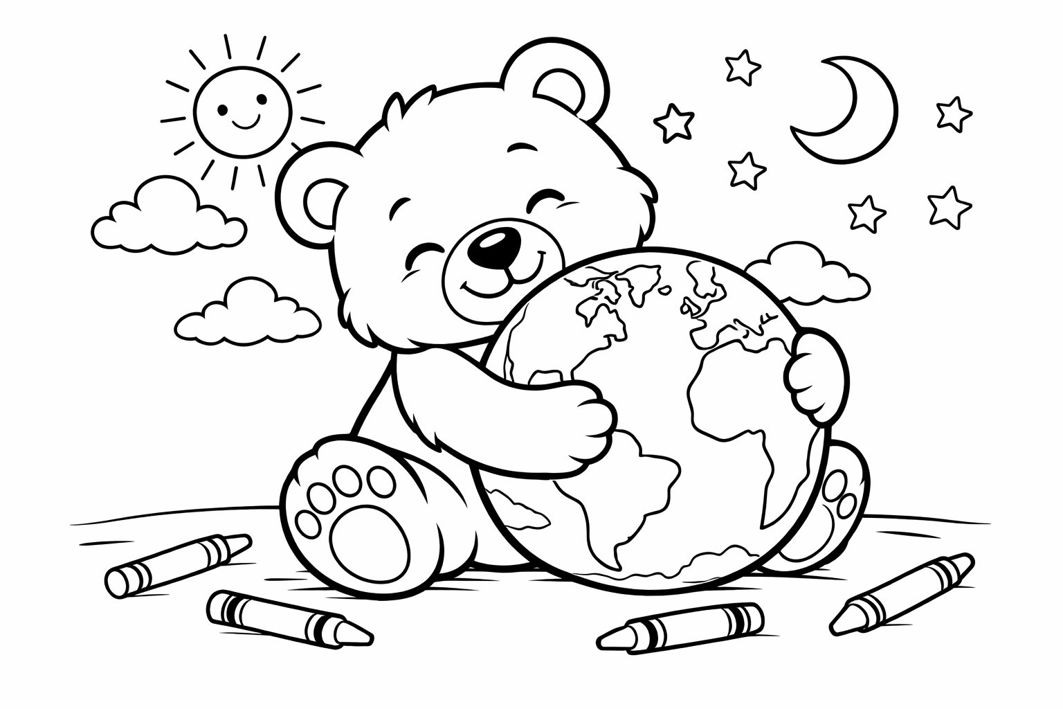 A cheerful bear hugging the Earth, a few crayons scattered on the ground
