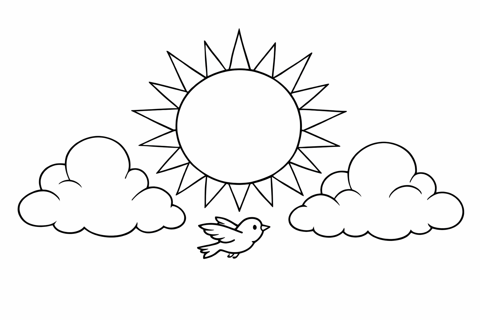 A sun with two fluffy clouds and one small bird flying between them