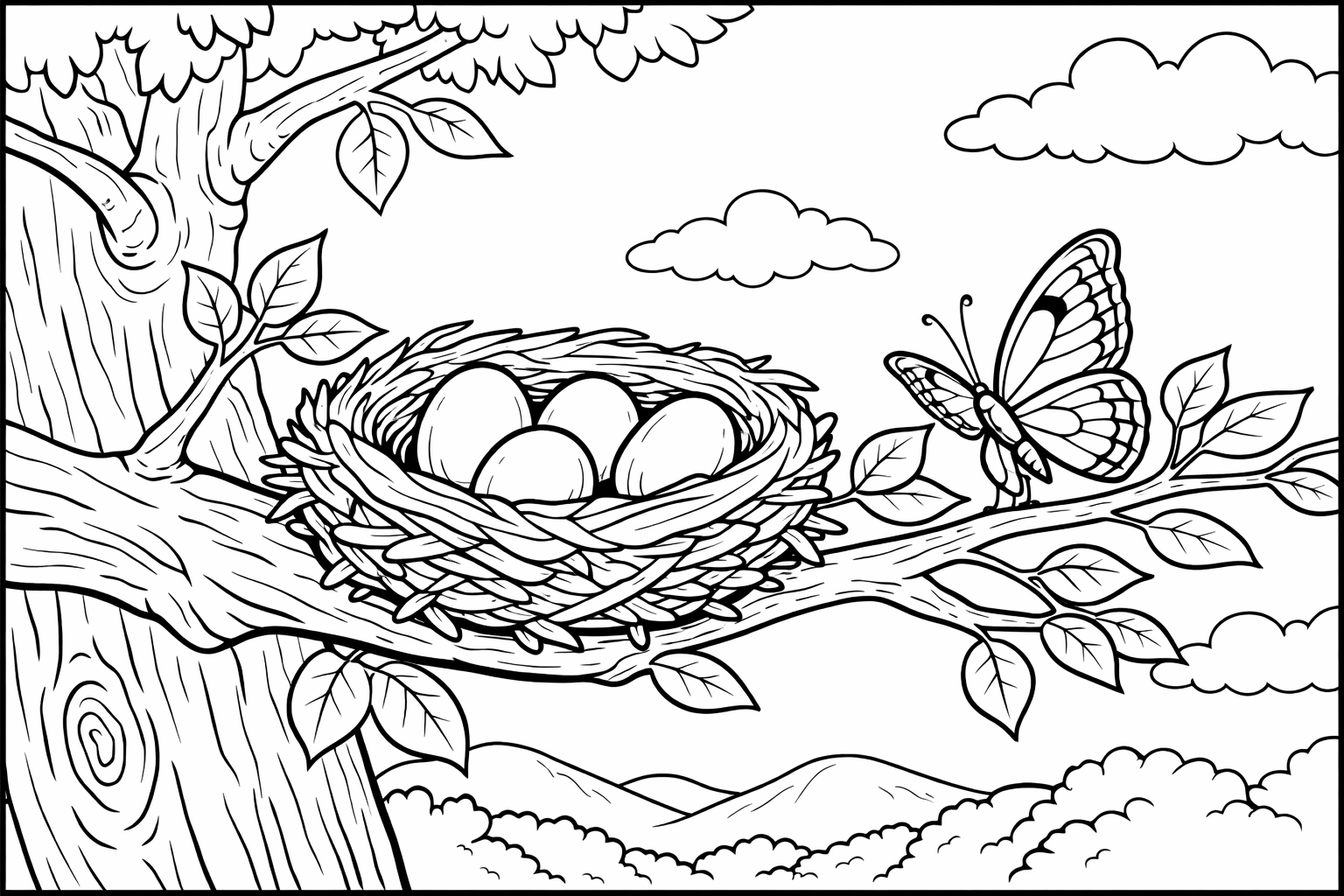 A tree with a bird's nest holding three eggs and one butterfly on a branch