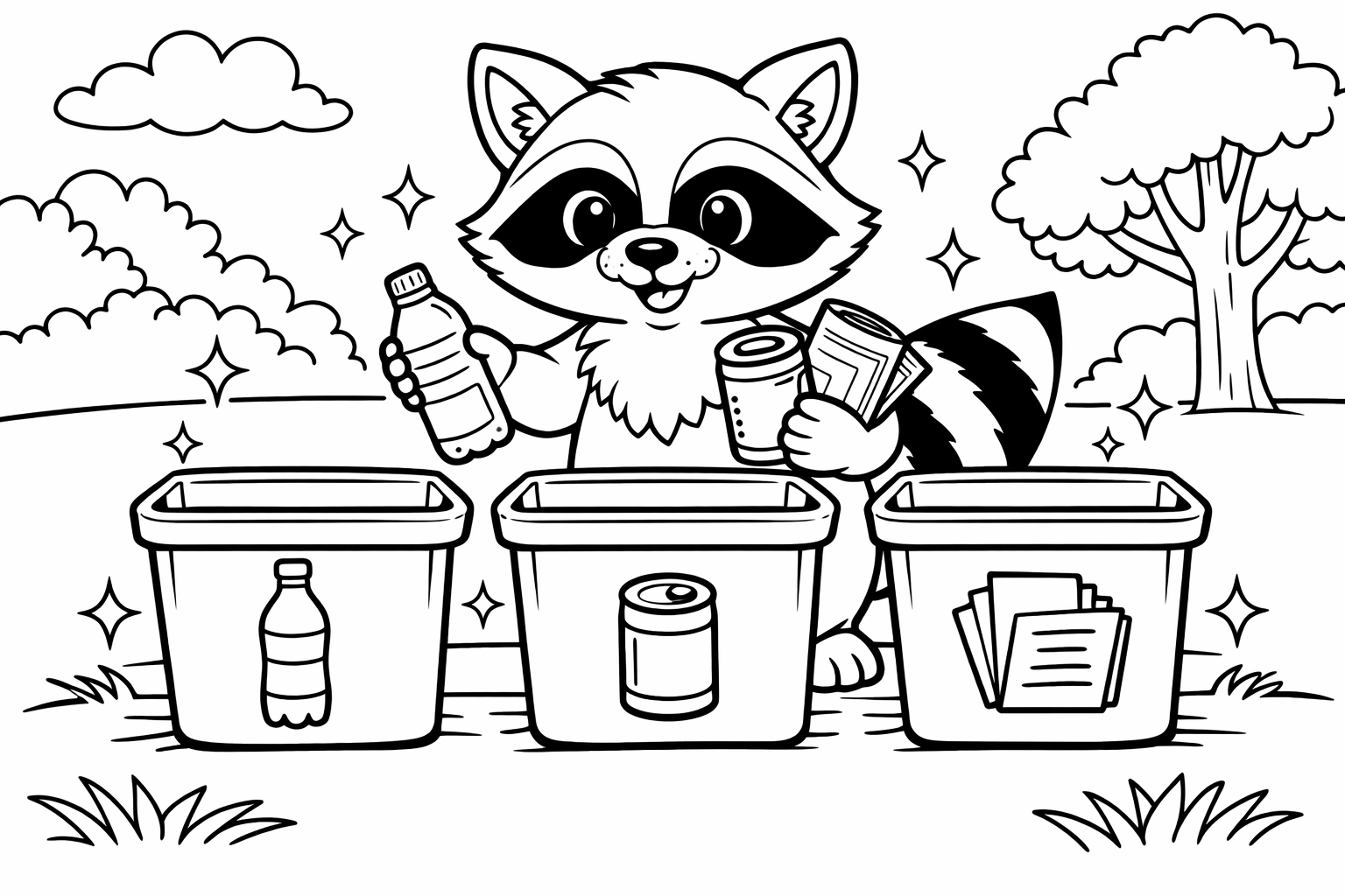 A raccoon sorting items into three recycling bins labeled with simple icons (bottle, can, paper), with small sparkles around the bins