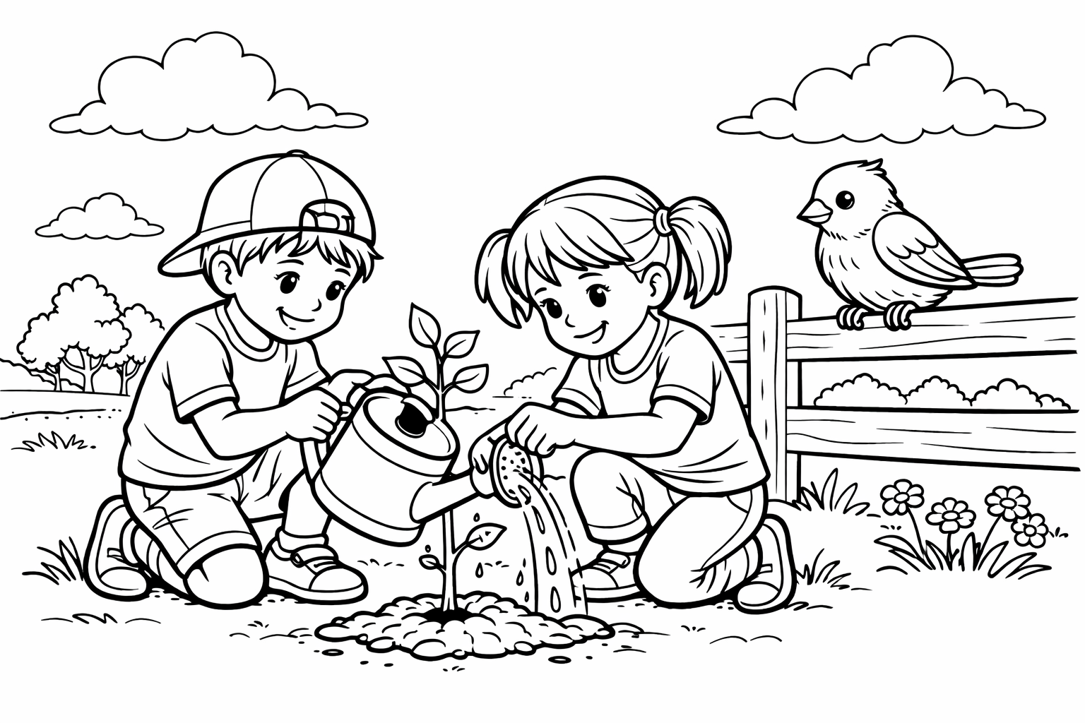 Two kids watering a young sapling together with a watering can, a bird watching from a fence