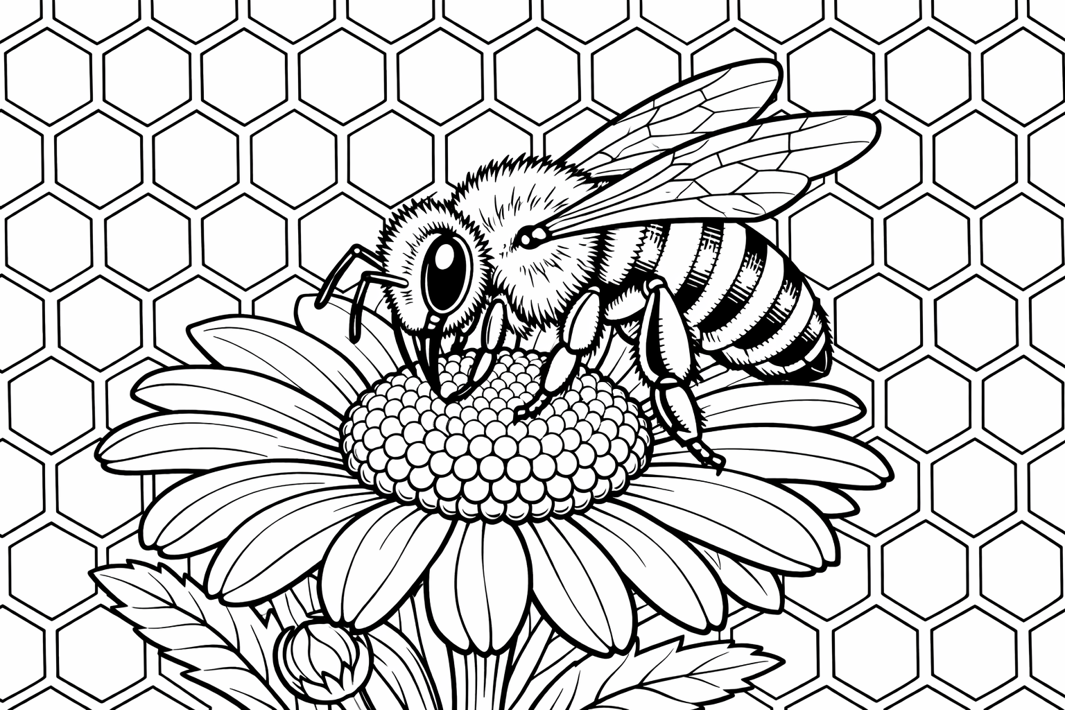 A close-up bee on a daisy with a honeycomb pattern filling the background