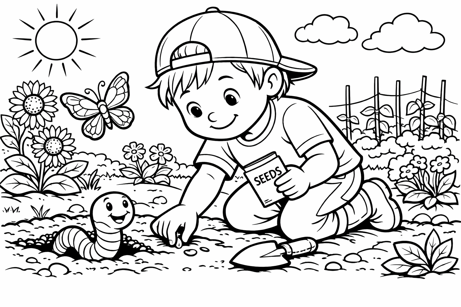 A child kneeling in a garden planting a seed, with a smiling earthworm peeking from the soil and a butterfly nearby