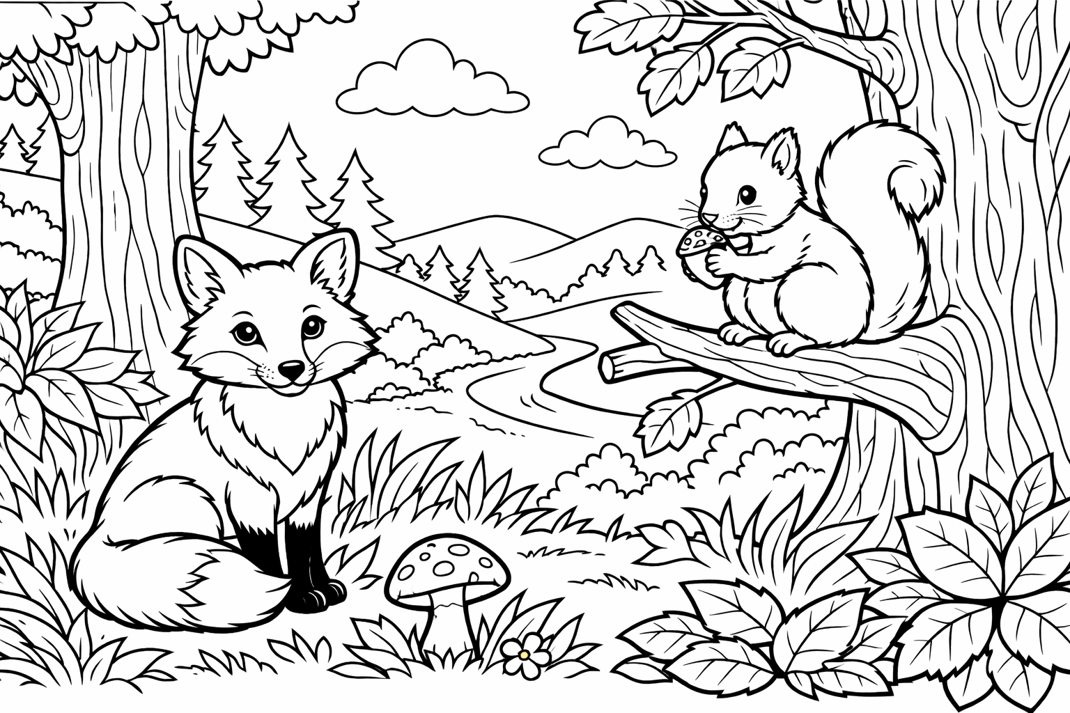 A forest scene with a fox, a squirrel, and tall trees — leaves, grass, and a small mushroom in the foreground