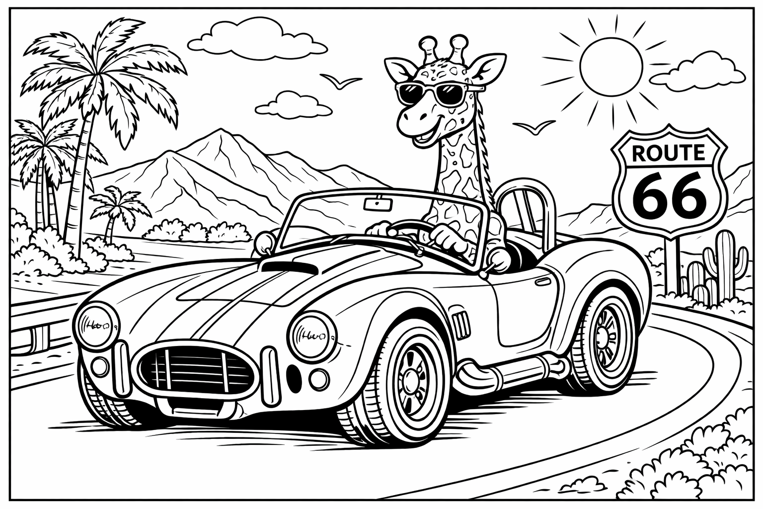 Shelby Cobra with a giraffe behind the wheel