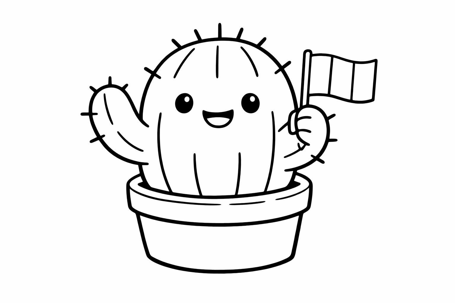 A friendly chubby cactus character holding a tiny Mexican flag, very basic outlines, no fine detail