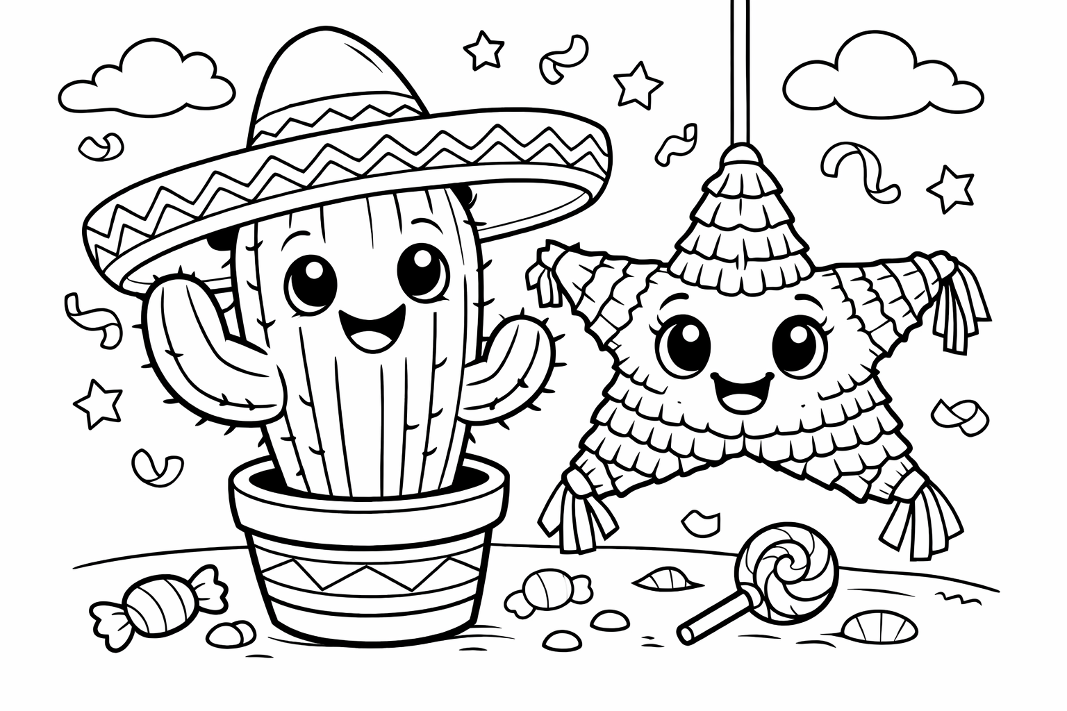 A smiling cactus wearing a sombrero standing next to a small star-shaped piñata, friendly cartoon style, both with eyes