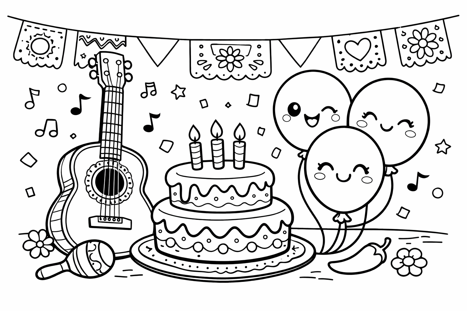 A small fiesta scene with a guitar, a cake, and three round balloons, each with cute faces