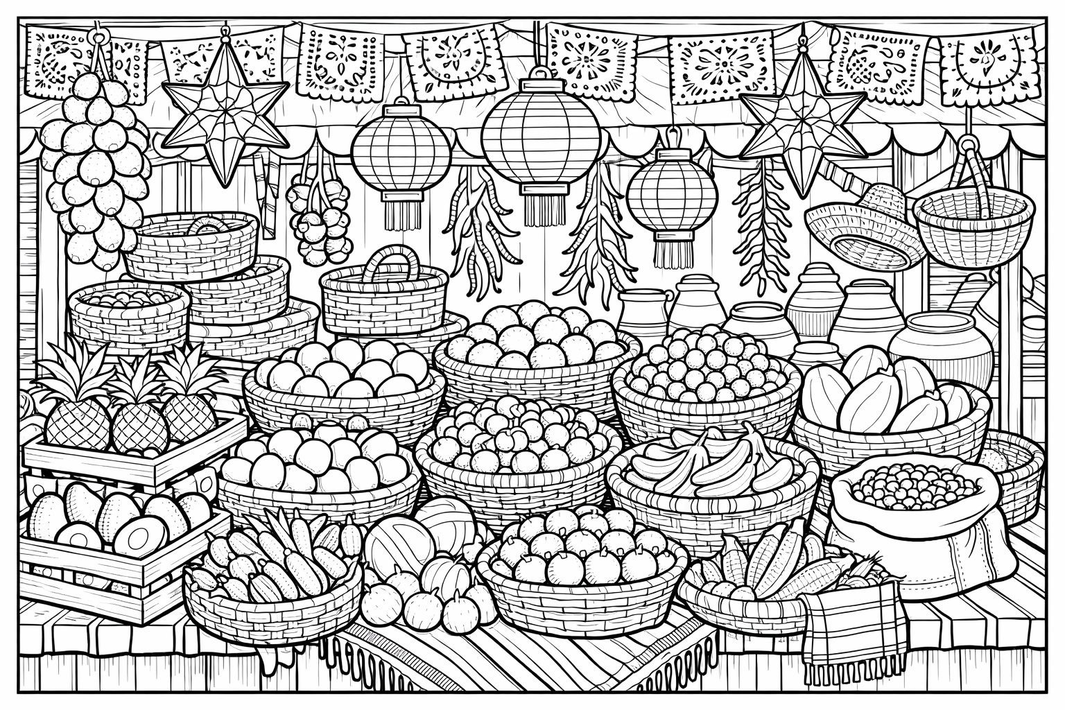 A bustling Mexican market stall with stacked fruits, hanging lanterns, woven baskets, lots of detail