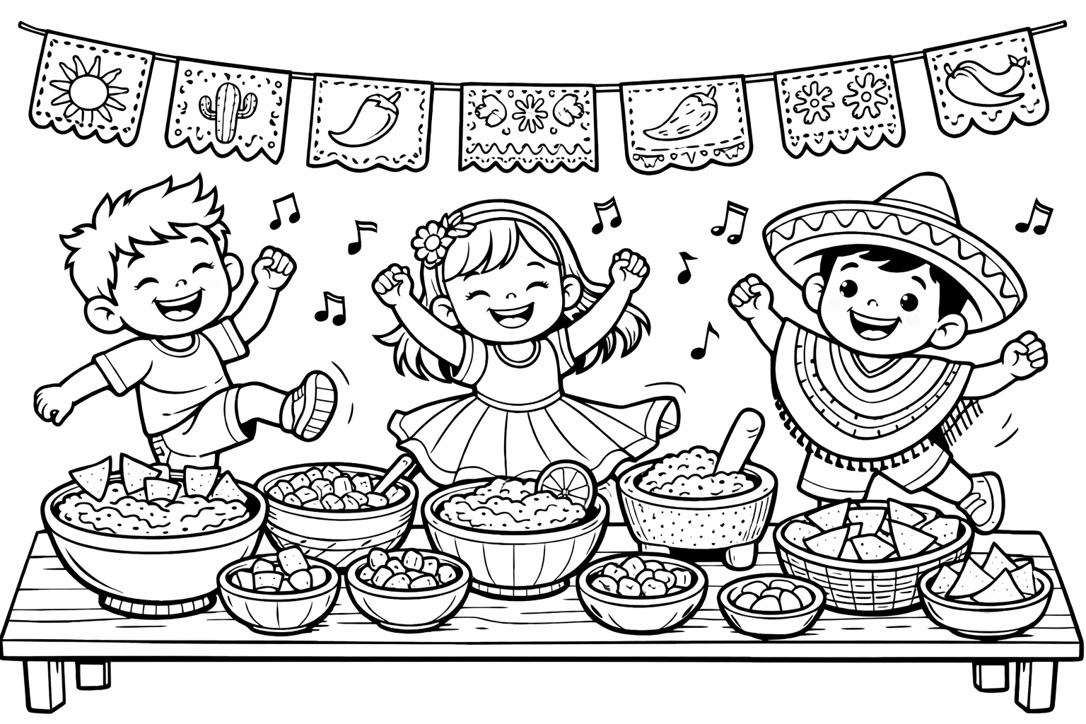 A long table loaded with bowls of guacamole, salsa, and chips, banners overhead and three children dancing around it