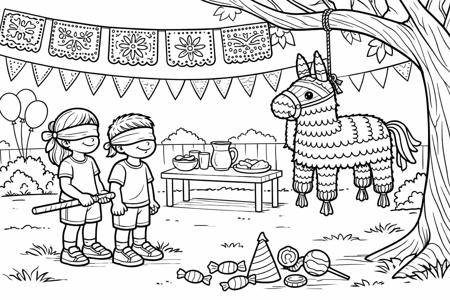 A backyard fiesta with a piñata hanging from a tree, two kids waiting in line with blindfolds, papel picado strung above