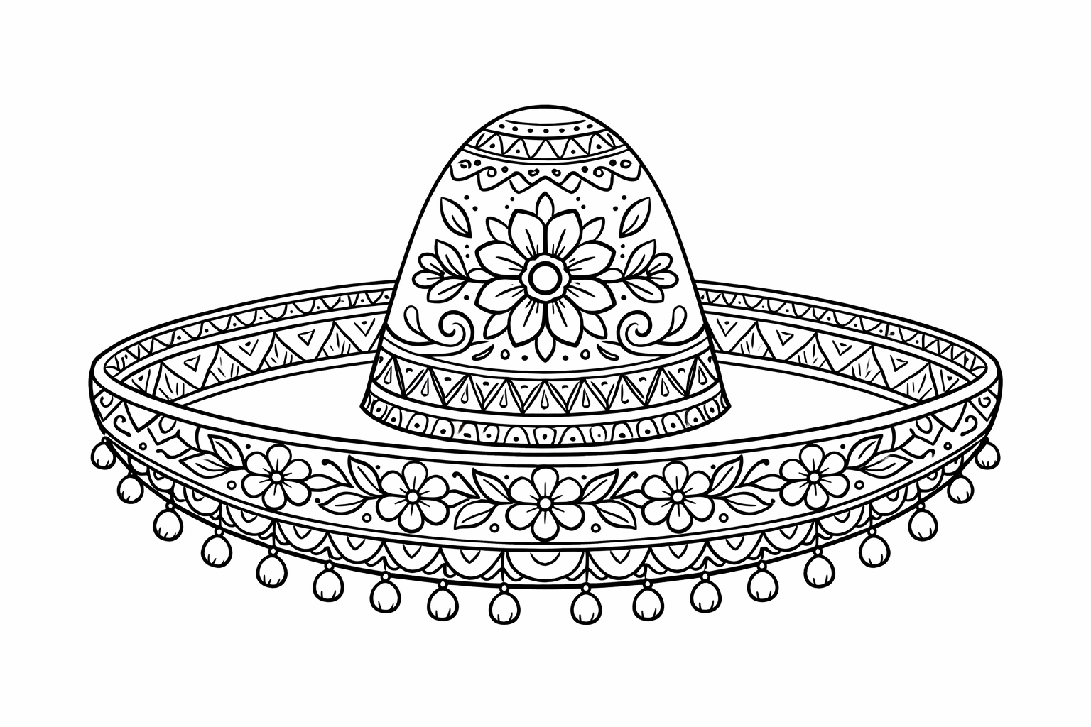 A patterned sombrero with intricate floral and geometric designs, single object centered, detailed line work