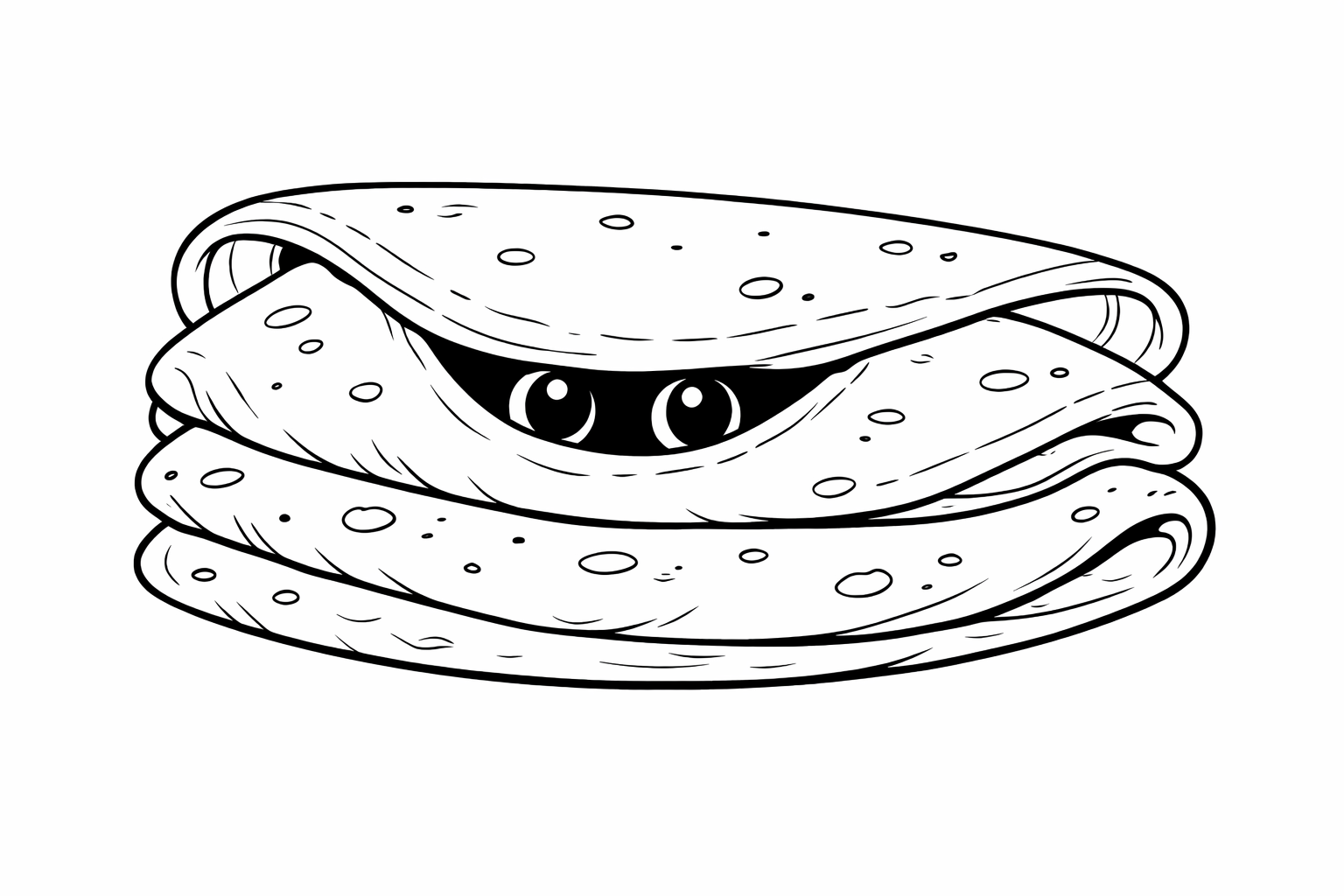 A stack of three folded tortillas with little eyes peeking out from the top one
