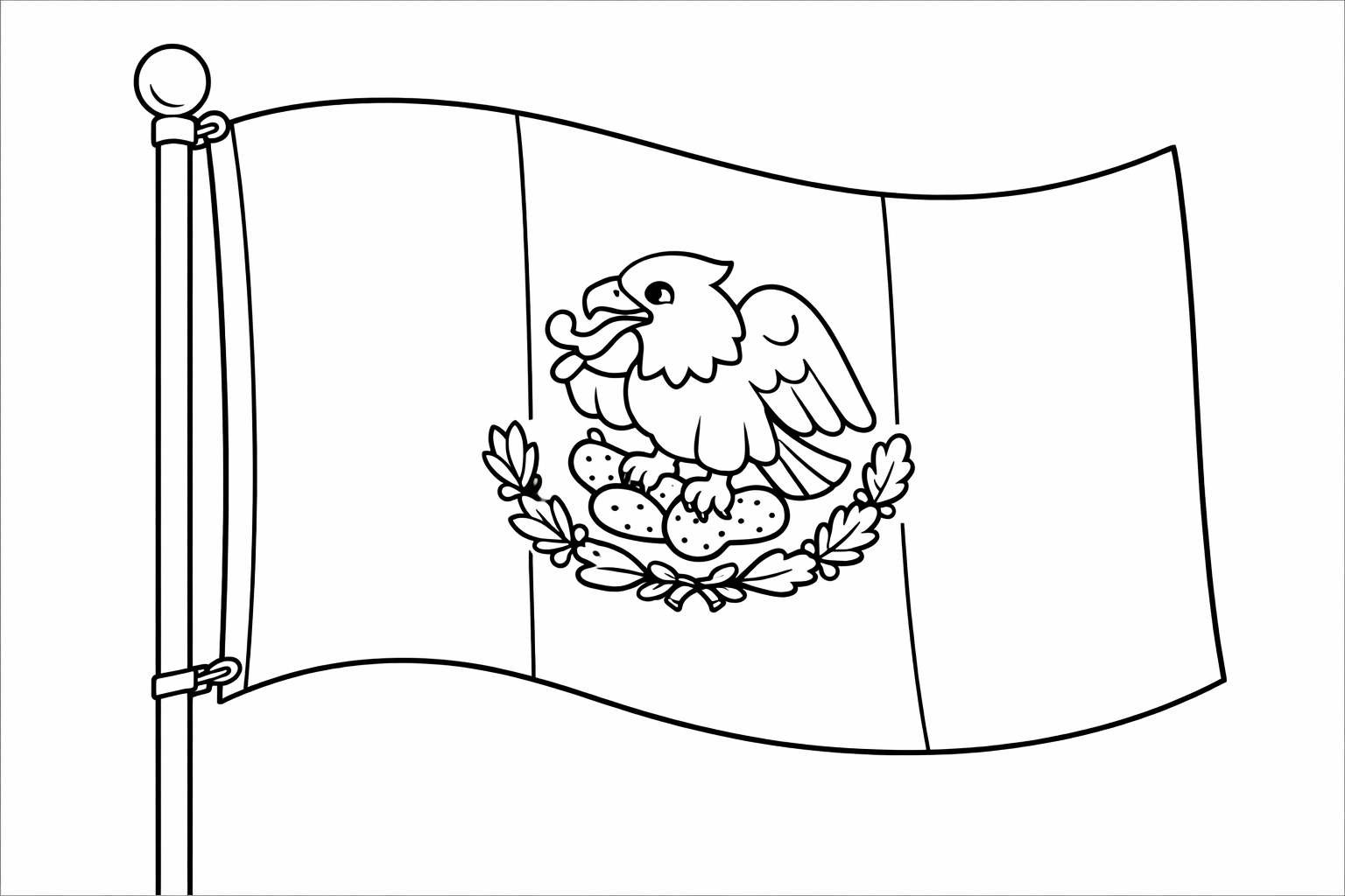 A simple Mexican flag waving on a flagpole, the eagle motif simplified for younger colorers