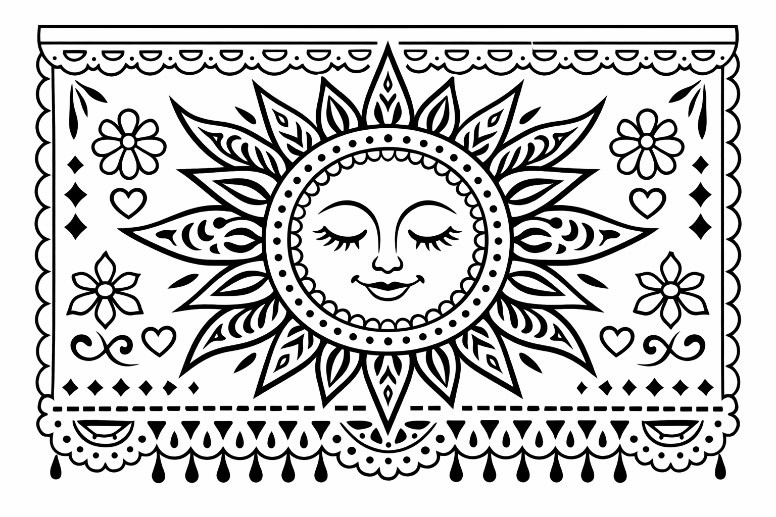 A papel-picado-style sun with rays and cutout patterns, single central object