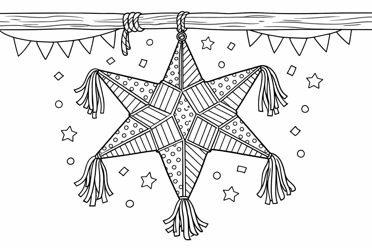 A star-shaped piñata hanging from a wooden beam, geometric panels with stripes and dots on each ray
