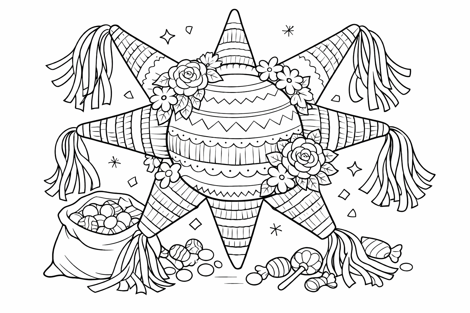 A round piñata with seven points, decorated with paper flowers and ribbons, ready to be filled