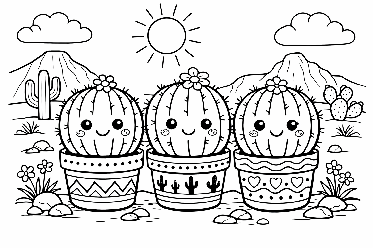 A row of three smiling barrel cacti in painted pots, each with a tiny flower on top, small desert scene