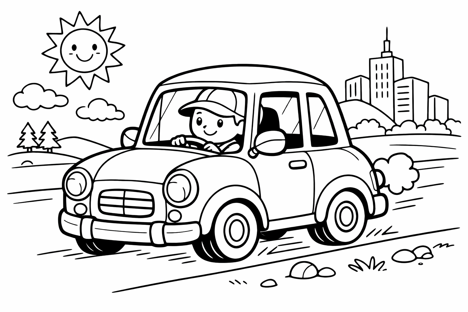 Cartoon car with visible round wheels and square windows, small driver figure inside