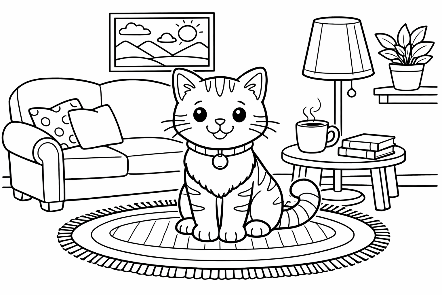 Friendly cat in a cozy room with a couch, lamp, and rug, medium detail