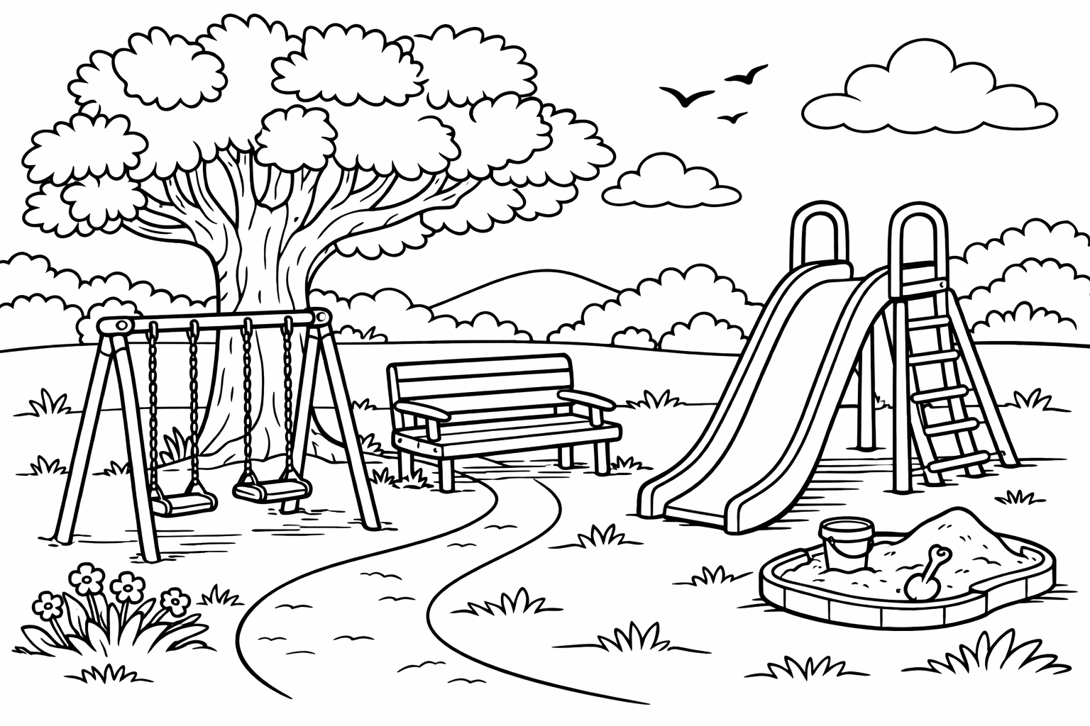 Park scene with a swing, slide, and a bench under a tree
