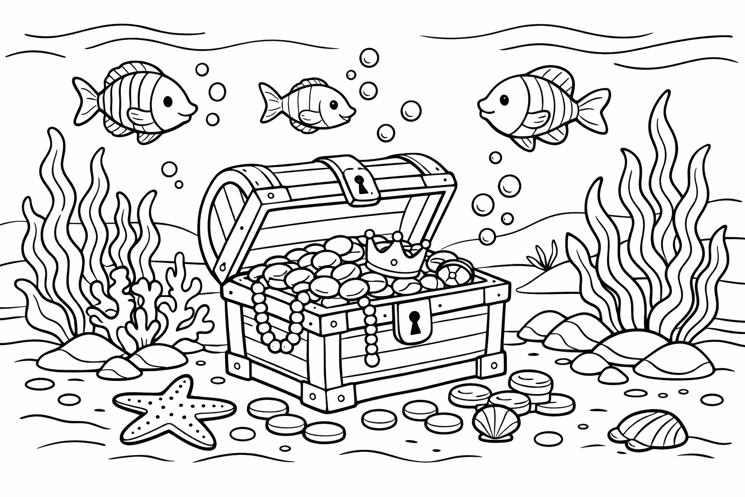 Underwater scene with a few simple fish, seaweed, and a treasure chest