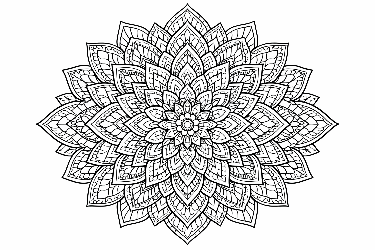 Floral mandala with intricate layered petals and many small fillable sections