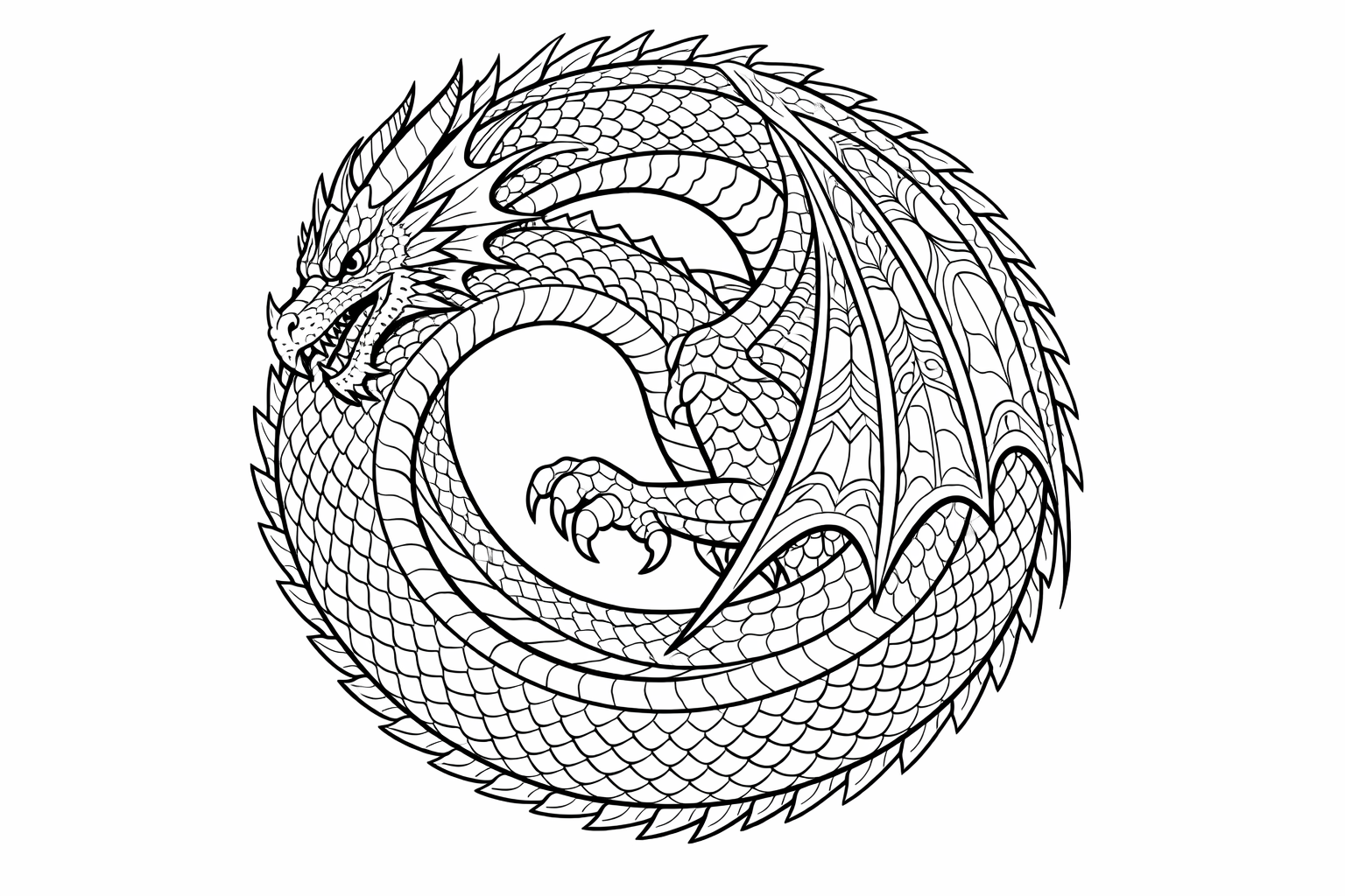 Detailed dragon coiled in a circle, narrow scales and patterned wings