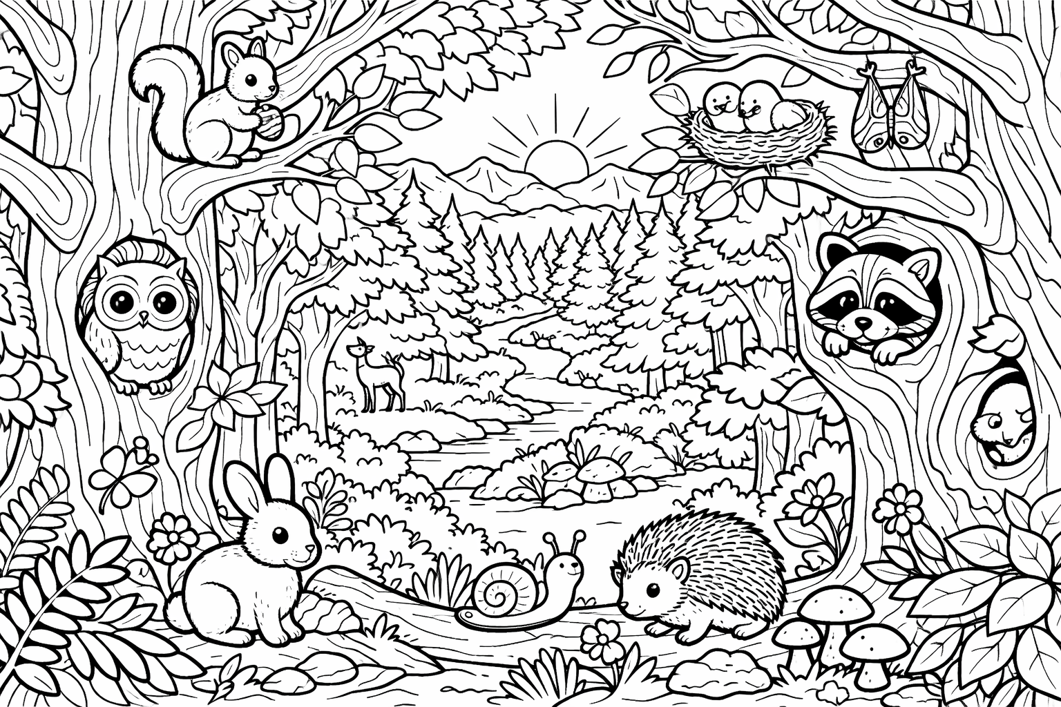 Forest scene with layered trees and small animals tucked in the branches, lots of detail