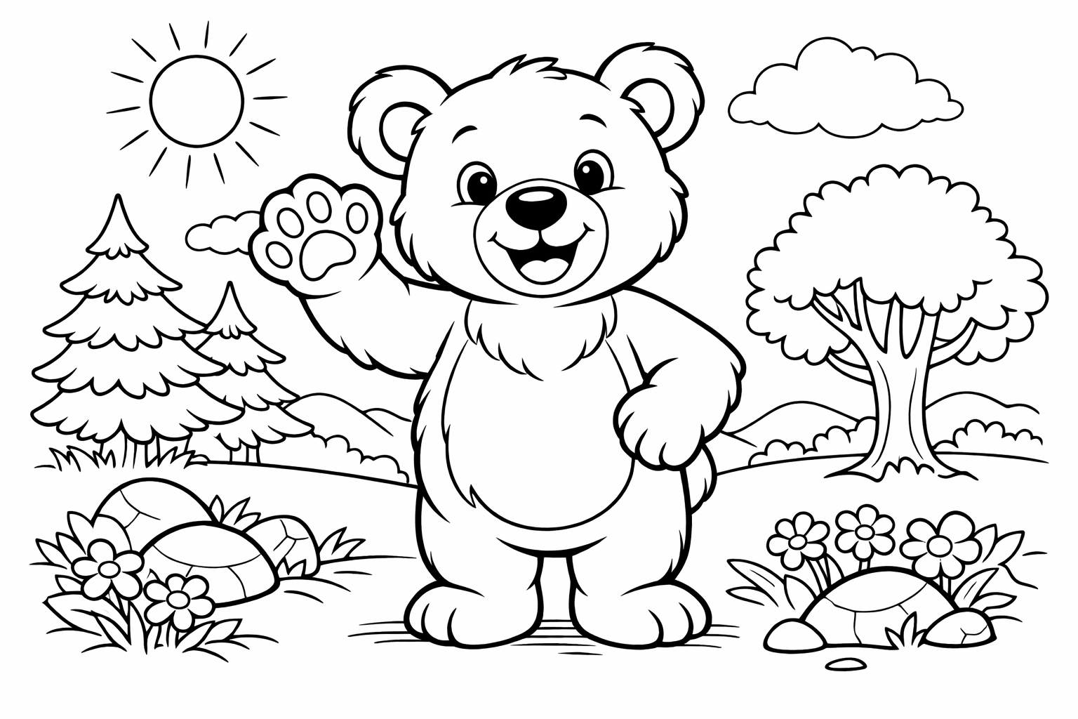Friendly bear waving, cartoon style, medium complexity