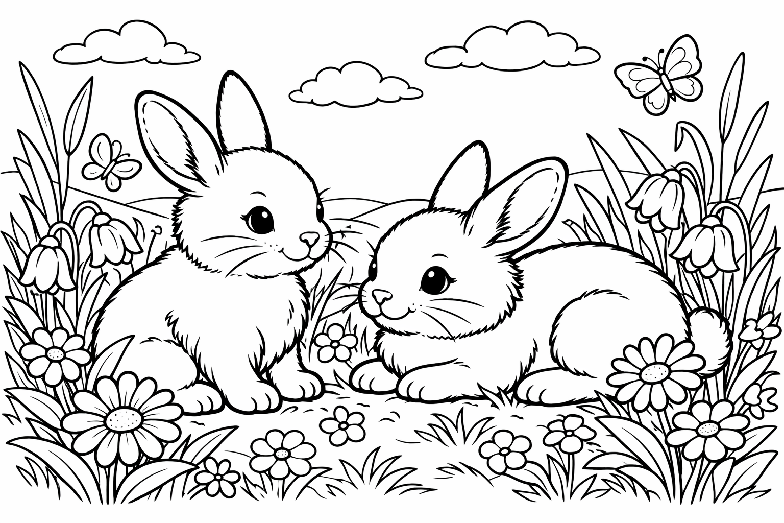 Two bunnies in a meadow with flowers and tall grass around them