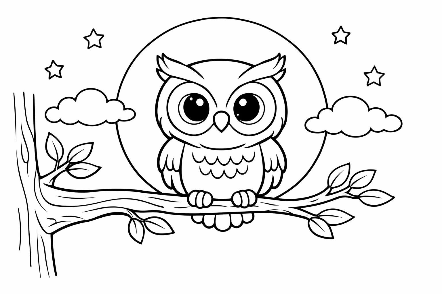 Cartoon owl on a tree branch with a moon behind, simple but charming