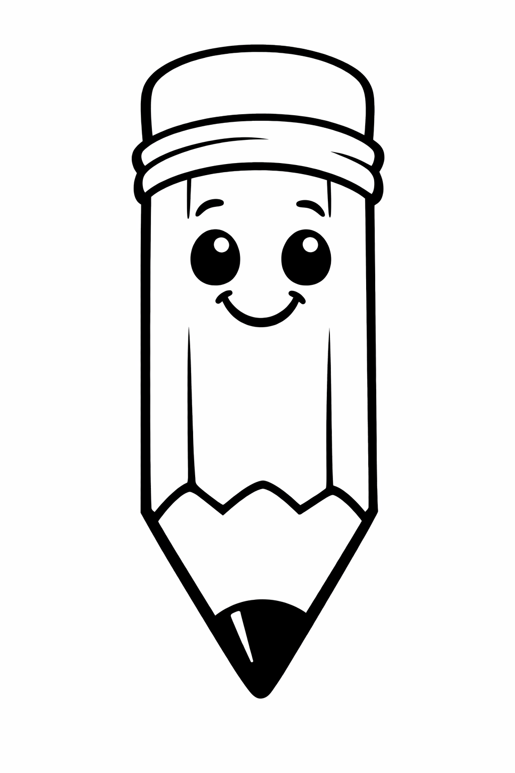 A simple smiling pencil with a happy face, big bold outlines, very few interior details, friendly cartoon style, white background