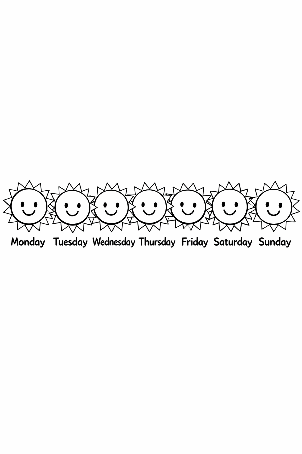 A horizontal row of seven smiling suns, each one labeled with a day of the week beneath