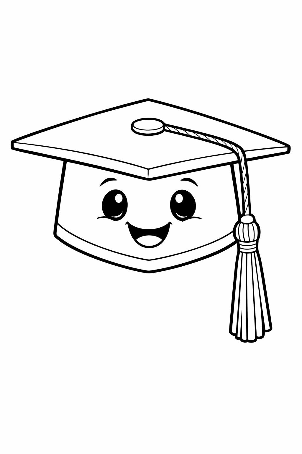 A graduation cap with a long tassel and a smiling face, very few interior details
