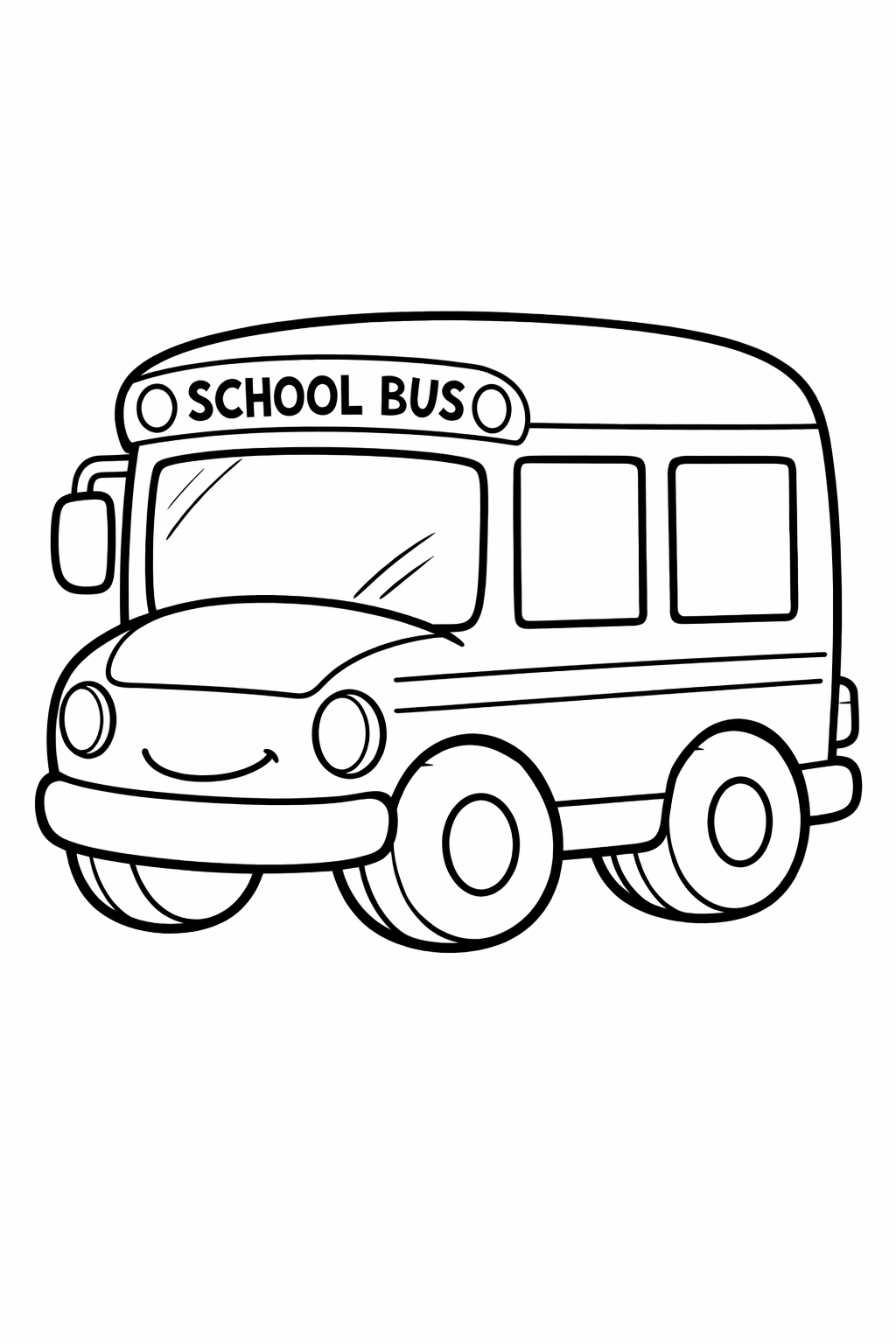 A school bus with three large round wheels and two square windows, thick black outlines, simple cartoon body