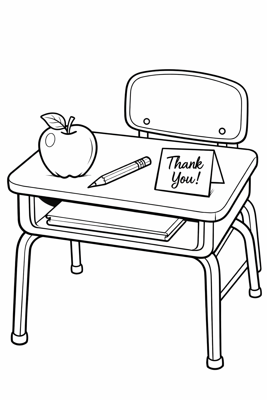 An empty student desk with an apple, a sharpened pencil, and a folded thank-you note on top