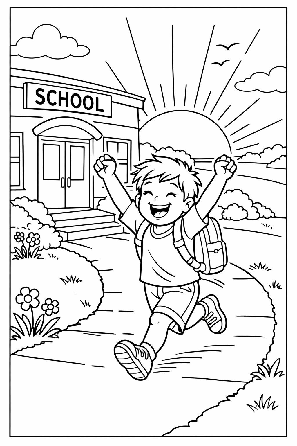 A child running out of a school building with arms raised in joy, summer sun rising in the background